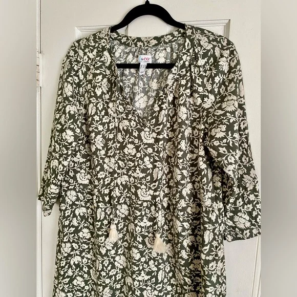 NWOT Denim & Co Naturals Floral Midi Dress, Women’s Size Small, QVC Olive Linen - Picture 2 of 7